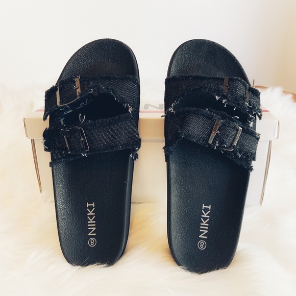 NIB Black Denim Double Buckle Slide Sandals | Women’s | Nikki | Frayed Strap - Picture 2 of 9